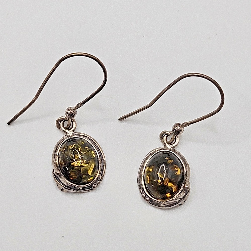 Sterling Silver Green Amber Earrings Dangle Drop